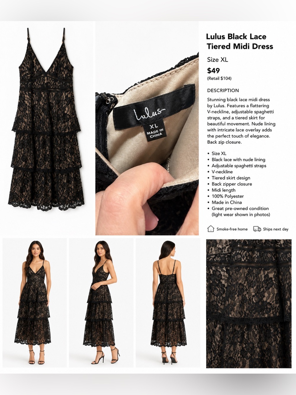 Lulu's Black Lace Tiered Midi Dress with Nude Lining